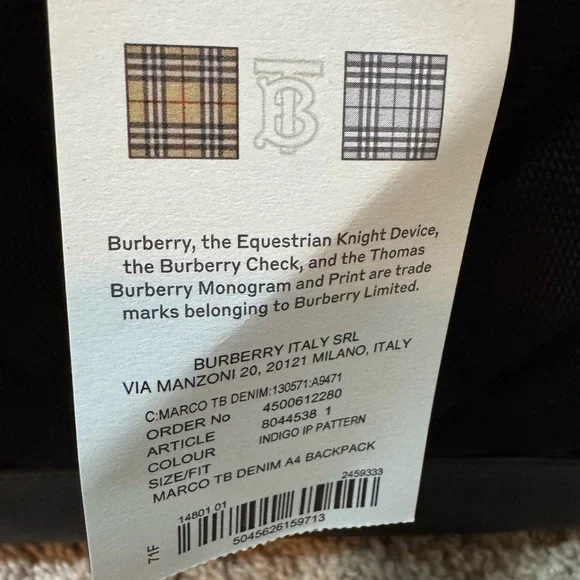 Authentic New Jean Burberry Dark Blue Backpack with White Accents